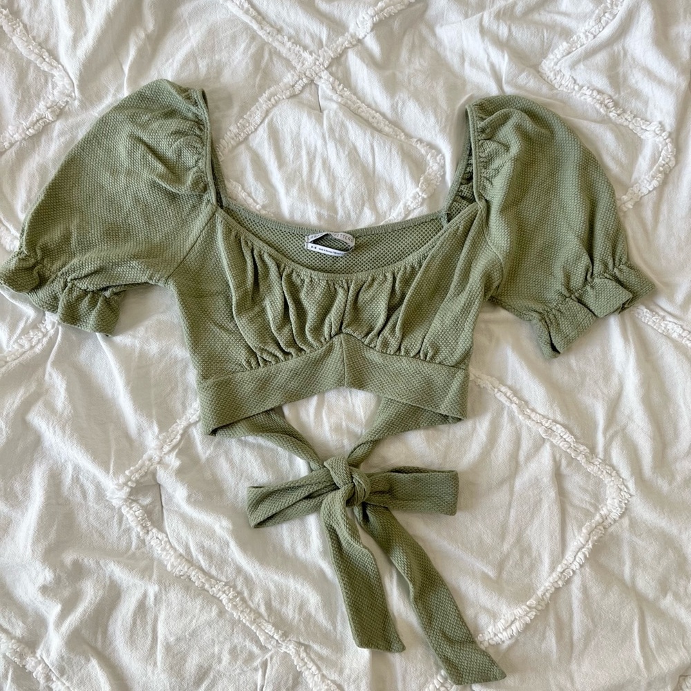 UO Green Puff Sleeve Tie Top